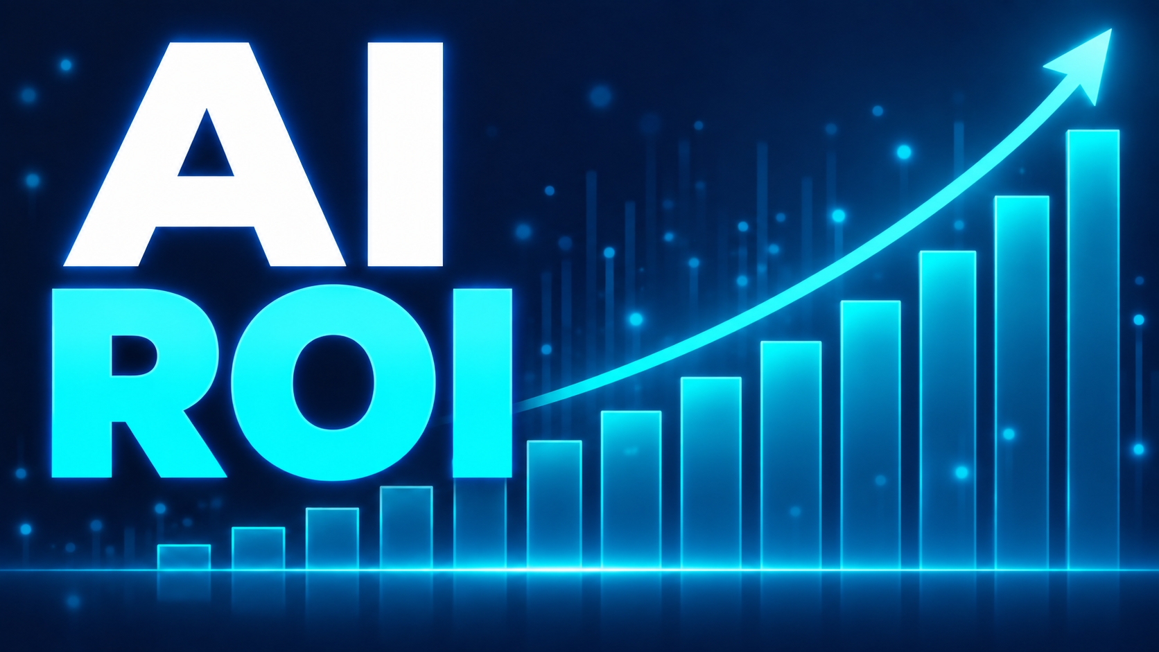 AI ROI illustration with rising bars, an upward arrow, and a seated designer