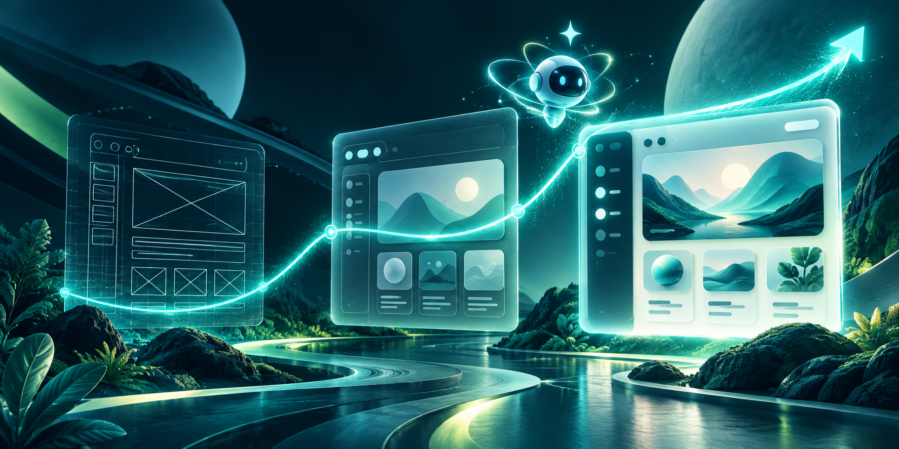 An AI-assisted workflow progressing from wireframes to a finished interface along a rising curve