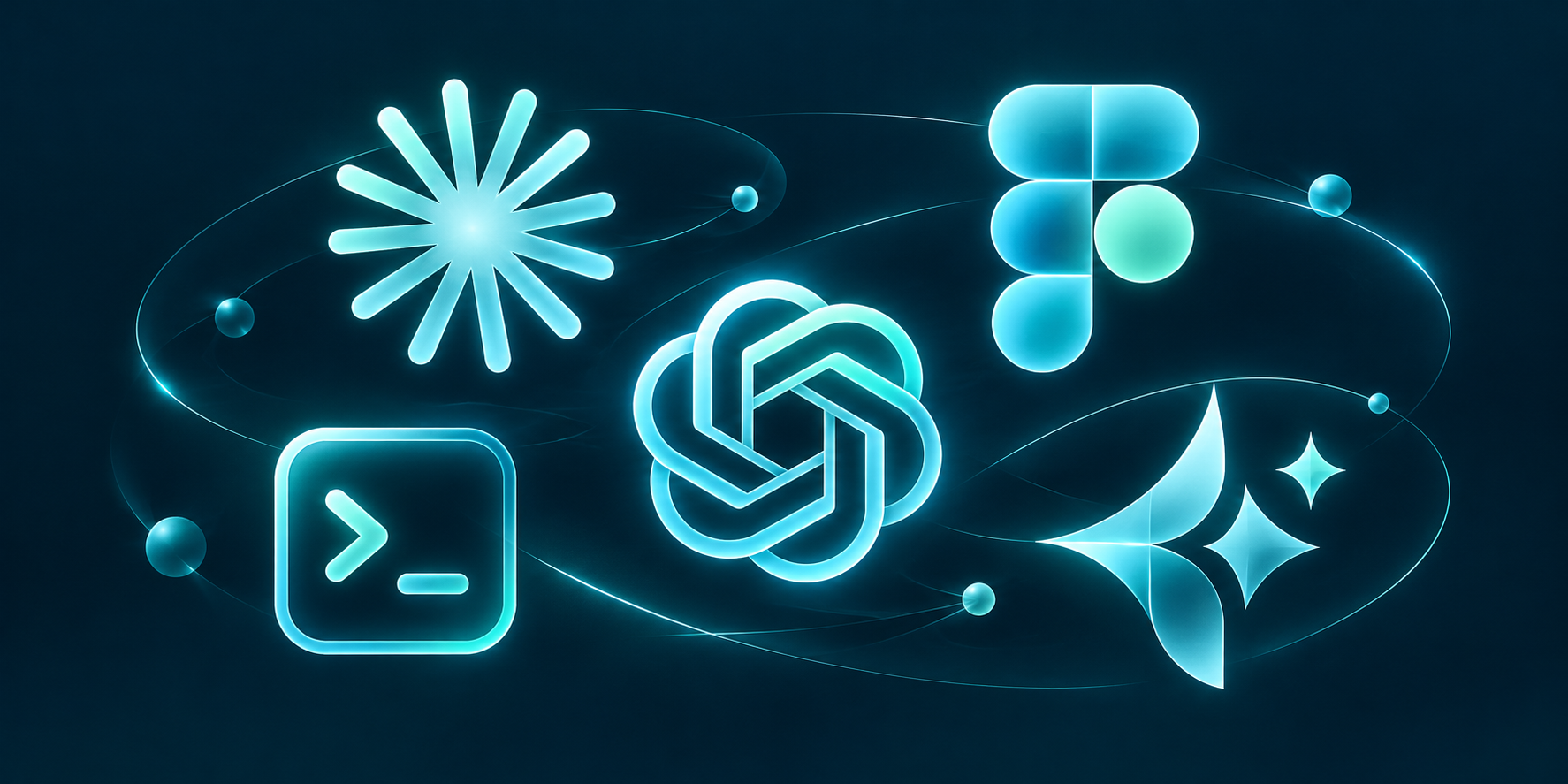 A luminous composition of Claude, Figma, ChatGPT, Codex, and Claude Design symbols